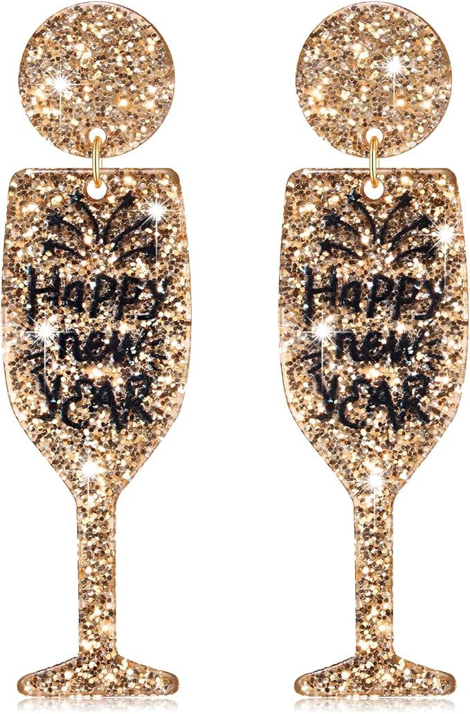 Happy New Year Earring for Women Glitter Acrylic Champagne Glass Earrings Holiday New Year’s Ev... | Amazon (US)