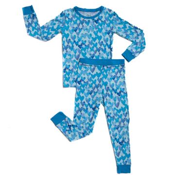 Blue Watercolor Hearts Two-Piece Bamboo Viscose Pajama Set | Little Sleepies