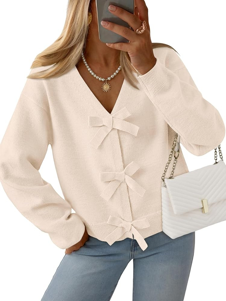 LILLUSORY Womens Cropped Cardigan Sweater Chunky Knit Tie Front Bow Fall Top V Neck Outfits Cute ... | Amazon (US)