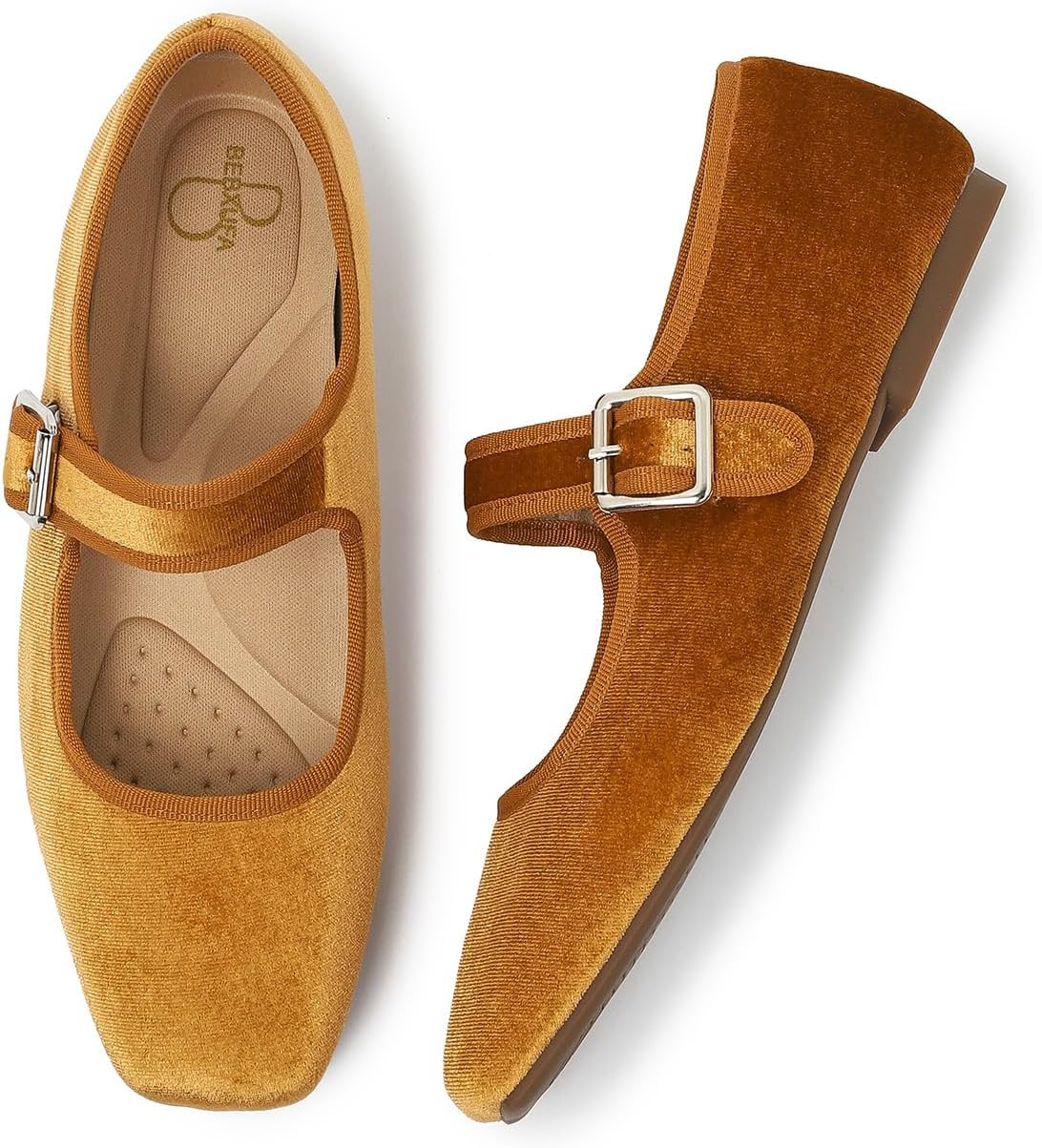 Women's Square Toe Ballet Flats - Mary Jane Shoes with Adjustable Strap, Slip On Comfortable Work Flats, Satin Soft Leather Dress Shoes | Amazon (US)