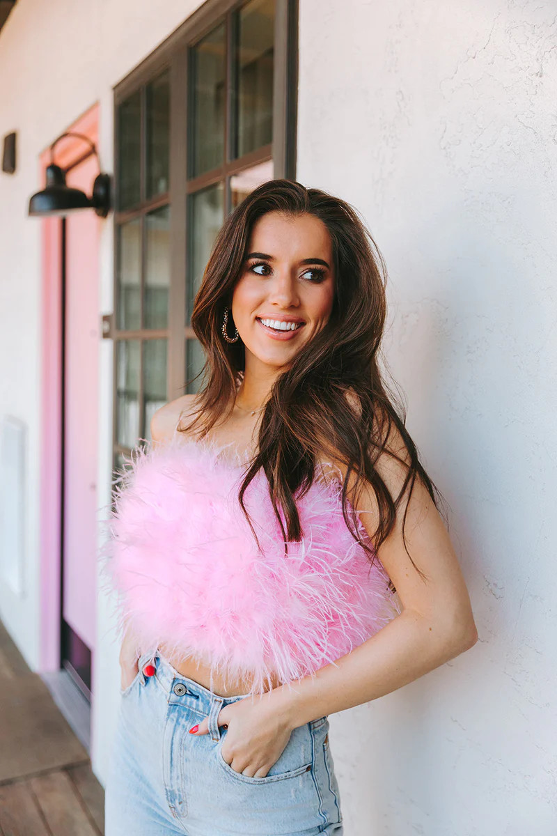 BuddyLove | Fancy Strapless Feather Crop Top | Baby Pink | BuddyLove