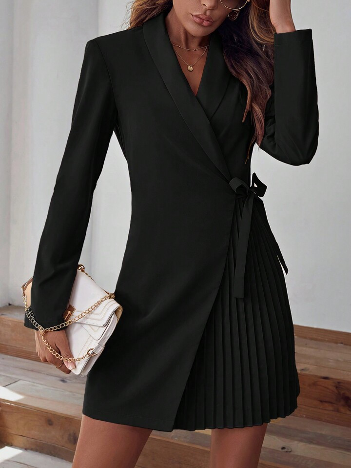 Pleated Long Sleeve Wrap Dress | SHEIN