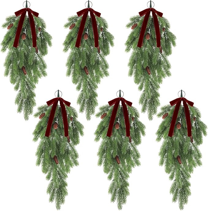 6 Pack Christmas Teardrop Swags with Velvet Bows 24 Inch Rustic Artificial Pine Greenery Teardrop... | Amazon (US)