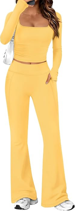 Alaroo Workout Two Piece for Women Long Sleeve Crop High Waist With Pocket | Amazon (US)