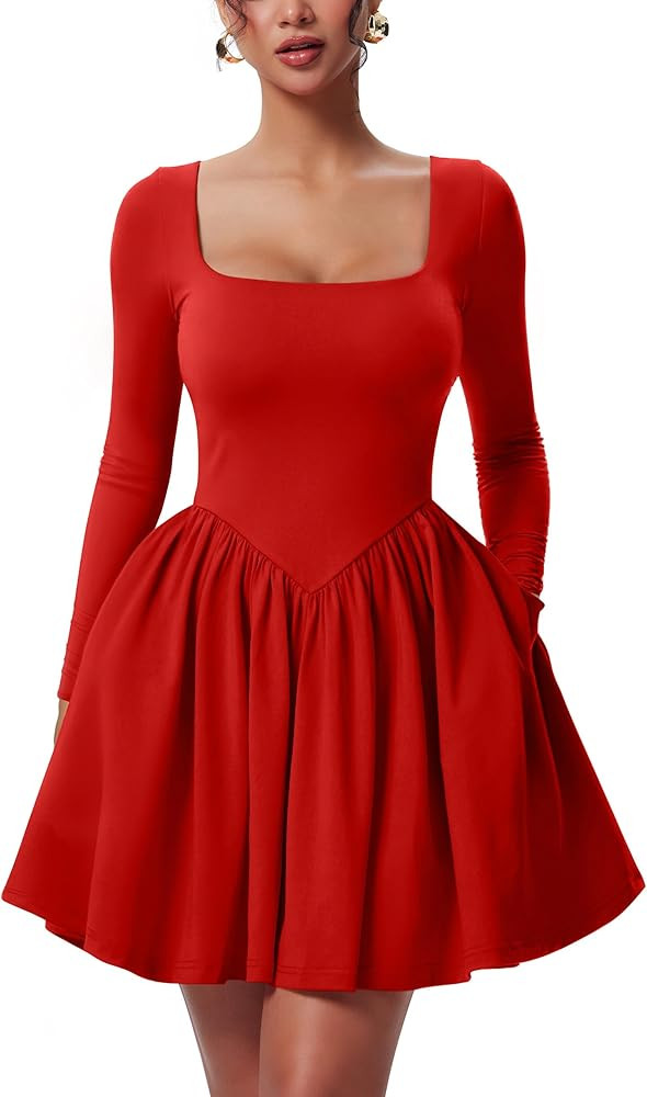 YMDUCH Women's Casual Long Sleeve Square Neck Back Belt A Line Ruffle Hem Mini Dress with Pockets | Amazon (US)