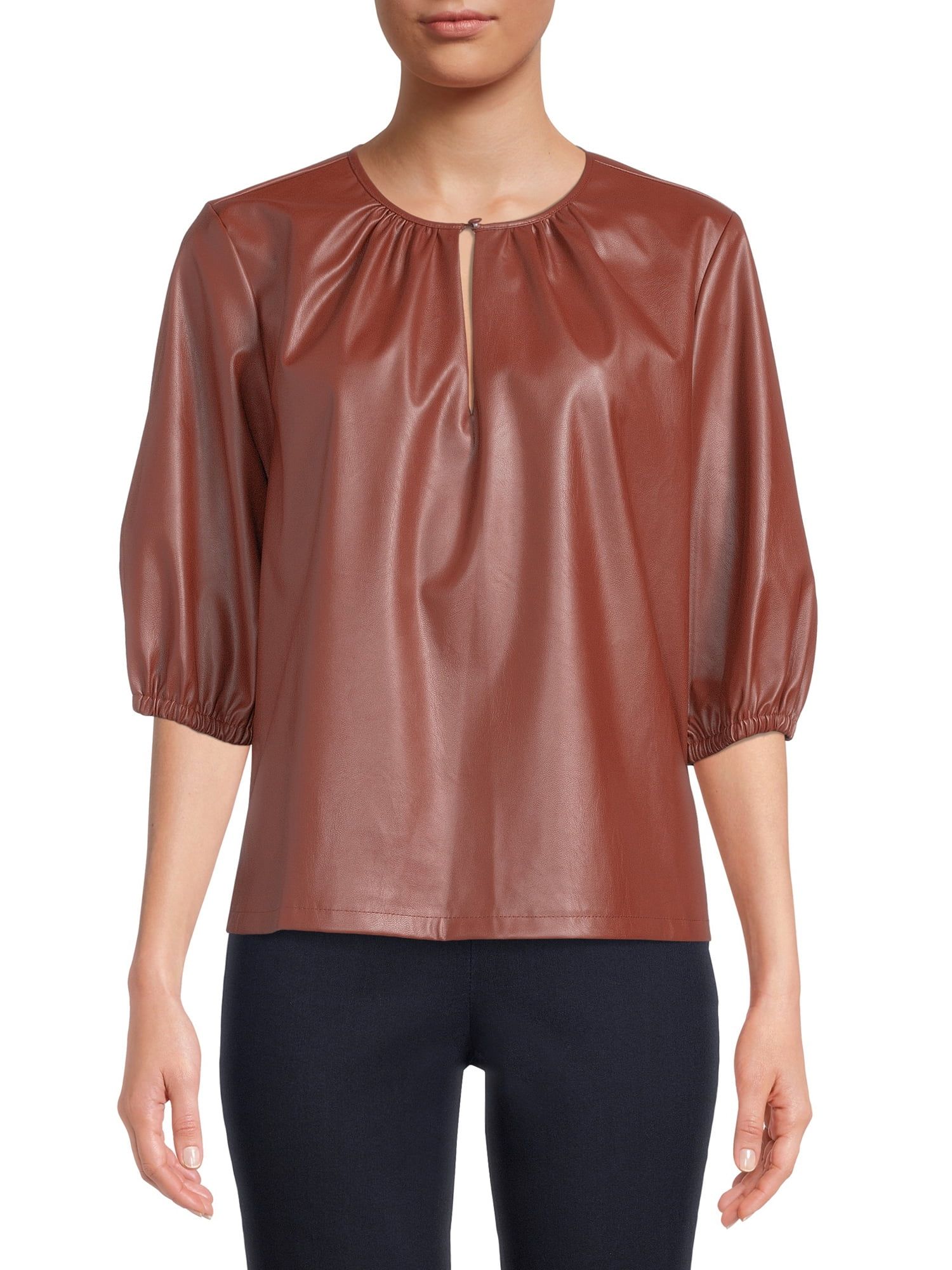 The Get Women's Faux Leather Volume Top with Long Sleeves - Walmart.com | Walmart (US)