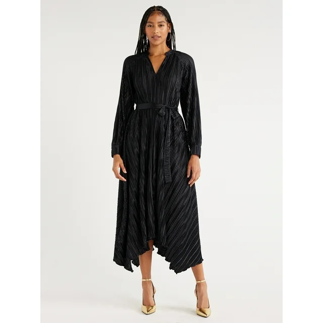 Scoop Women's Long Sleeve Plisse Midi Dress with Handkerchief Hem, Sizes XS-XXL | Walmart (US)
