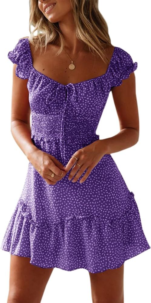 YOBECHO Womens Summer Ruffle Sleeve Sweetheart Neckline Printing Dress Mini Dress | Amazon (US)