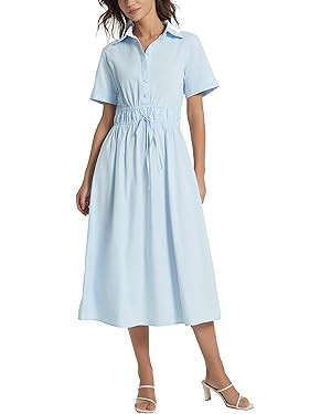 Ladyful Women Casual Button Down Short Sleeve Shirt Dress Tie Waist Midi Shirt Dress Elegant Busi... | Amazon (US)
