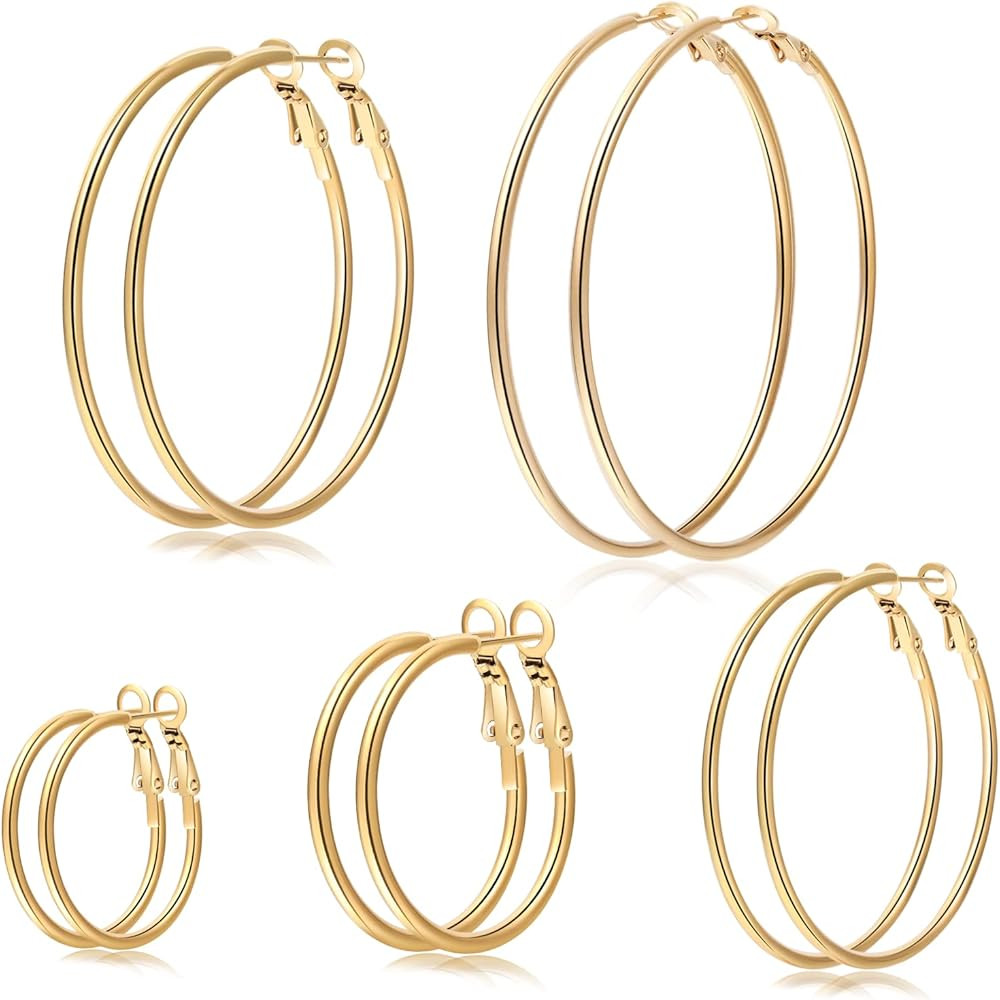 Senteria Large Gold Hoop Earrings for Women Girls 316L Stainless Steel Hoop Earrings Set Thin Gol... | Amazon (US)