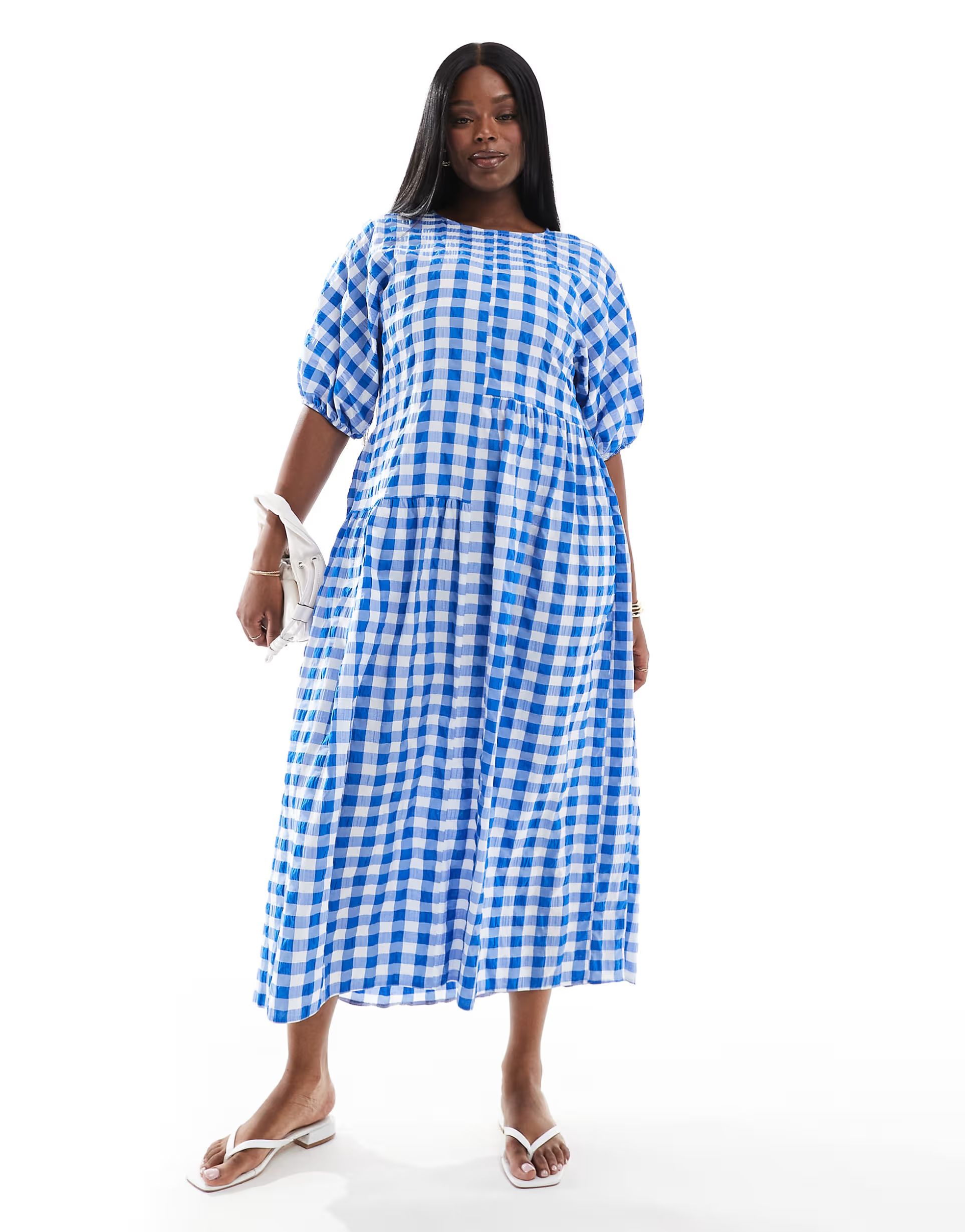 ASOS DESIGN Curve asymmetric midi tee dress in blue gingham | ASOS (Global)