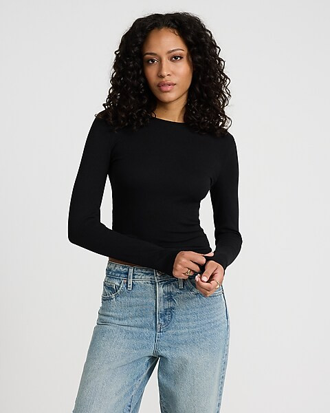 Essential Fitted Ribbed Crew Neck Long Sleeve Tee | Express