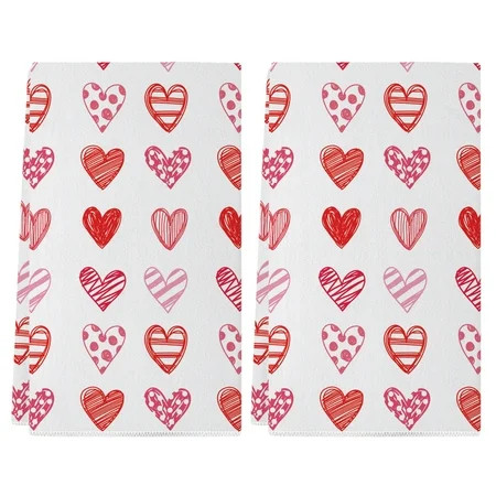 YIBAGA Valentines Day Kitchen Towels Set of 2, Pink Hearts Dish Towels, Dishcloth Decorations, 18x26 inch, Polyester | Walmart (US)