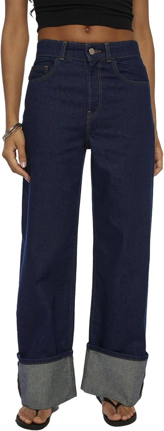 Wide Leg Jeans Woman Cuffed Mid Rise Straight Leg Jeans Loose Boyfriend Baggy Denim Pants with Po... | Amazon (US)