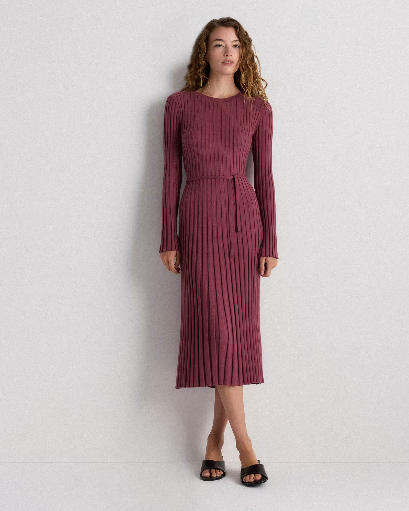 Cotton Cashmere Ribbed Long Sleeve Crew Midi Dress | Quince