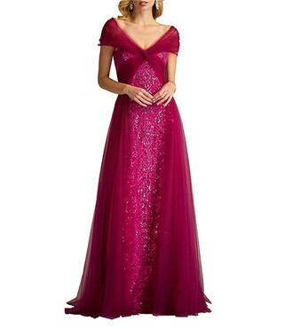 Tadashi ShojiTaffeta Sequin Print V-Neck Cap Sleeve Gown | Dillard's