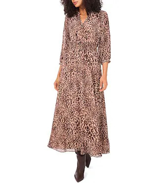 Chiffon V-Neck 3/4 Puff Sleeve Blouson Maxi Dress | Dillard's