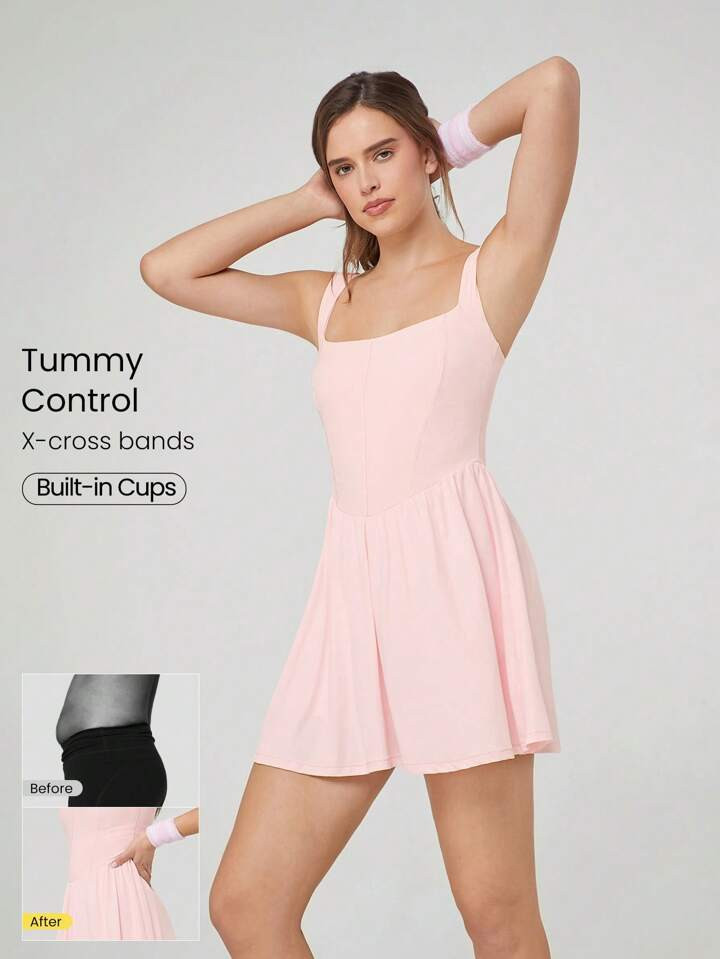 GLOWMODE FeatherFit™-Air Game On Sweat-Wicking Quick-Dry Peekaboo Full Underarm Corset Dress With Built-In Shorts Side Pockets Non-Slip Grips Low Impact Tennis Golf Pickleball Daily Wear Removable Cups | SHEIN