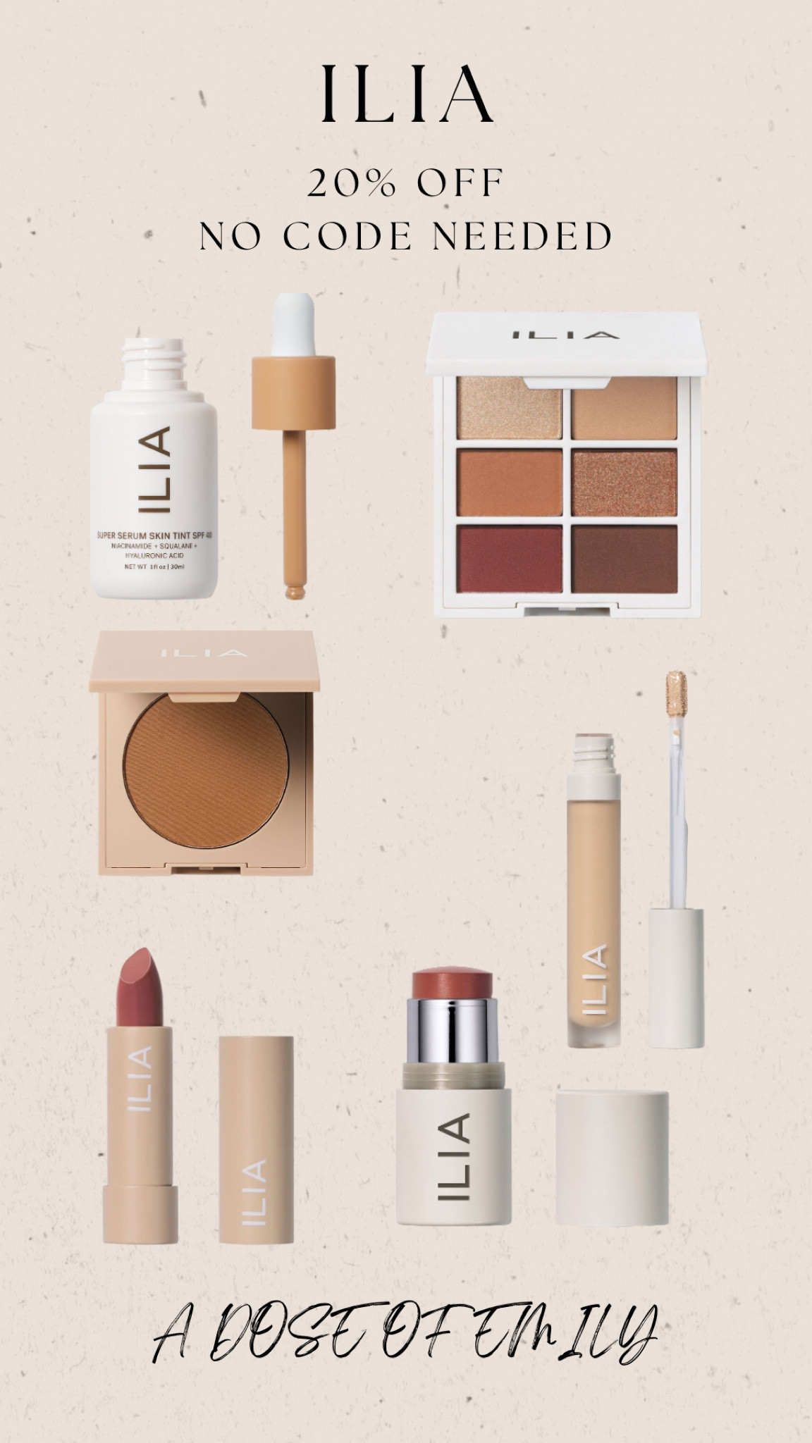 20% off - no code needed!

Skin tint - Paloma st9
Bronzer - novelty
Multi stick - dreamer and at last
Concealer - suma 1.5
Lipstick - amberlight 

#LTKbeauty #LTKCyberWeek #LTKfindsunder50