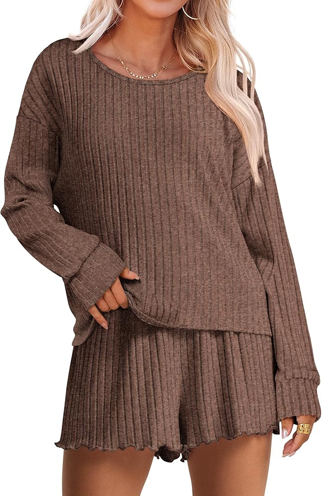 ANRABESS Women's 2 Piece Lounge Pajama Sets Casual Ribbed Long Sleeve Top Matching Shorts Sleepwe... | Amazon (US)