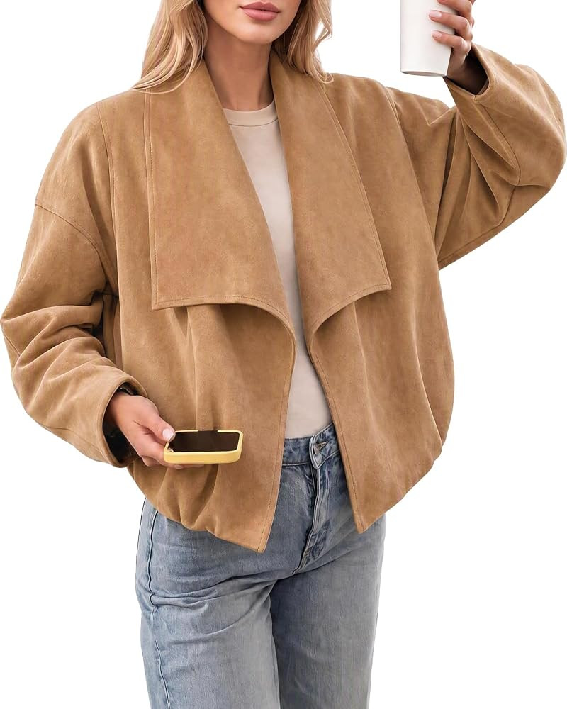 Tankaneo Womens Open Front Faux Suede Jackets Oversized Cropped Lapel Coats | Amazon (US)