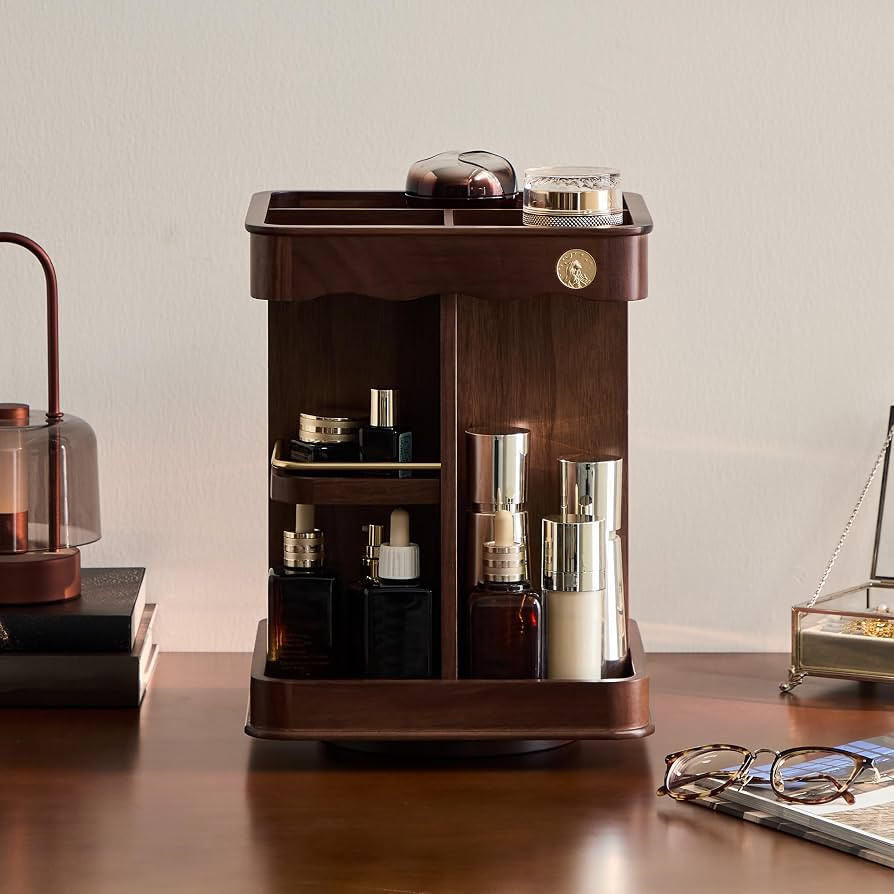 360-Degree Rotating Walnut Cosmetic Caddy, Wooden Makeup Organizer | Amazon (US)