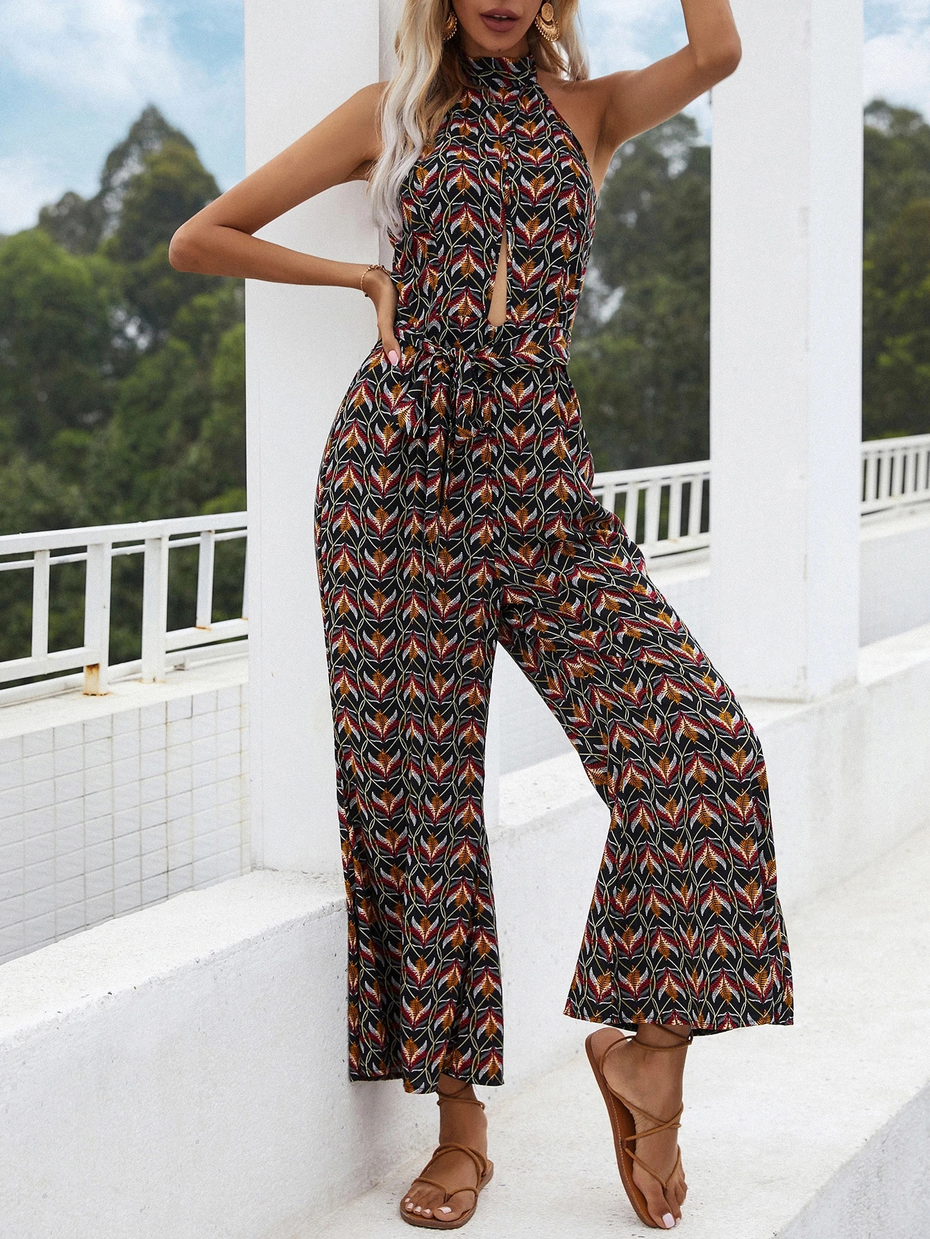 Tie Back Backless Peekaboo Belted Flare Leg Jumpsuit | SHEIN