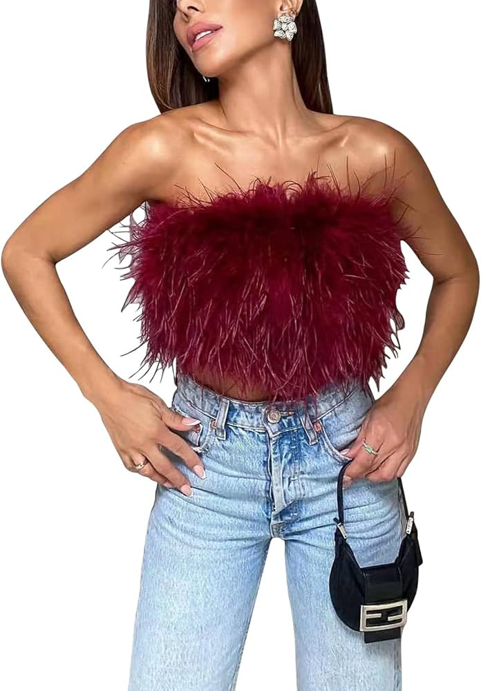 Sexy Tube Top for Women Artificial Fur Feather Vest Faux Fur Strapless Off Shoudler Fuzzy Tight C... | Amazon (US)