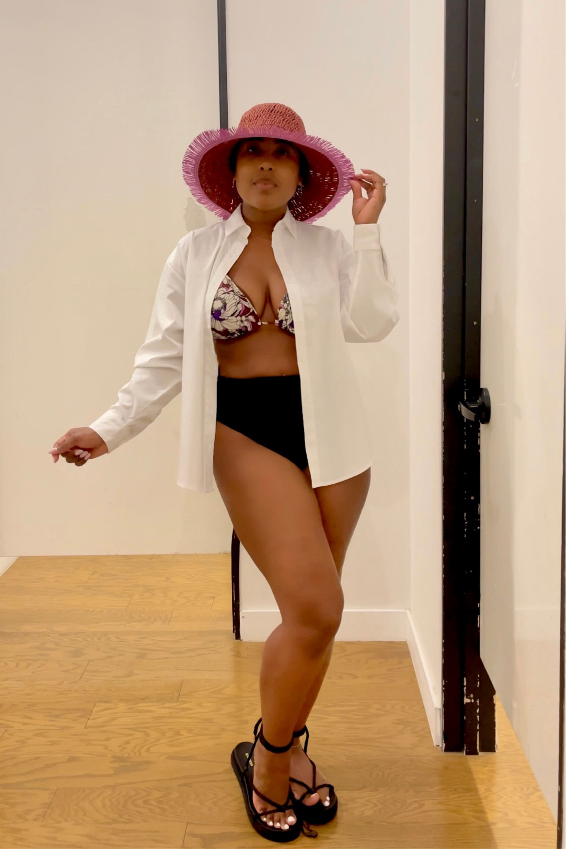 The weather is getting warm and I’m ready for pool/beach days in straw hat white shirt as coverup printed triangle bikini top black high waist swim bottom black rope flat sandals 

#beachoutfit
#swimoutfit
#swim
#vacationoutfit 

#LTKswim #LTKGiftGuide #LTKFind