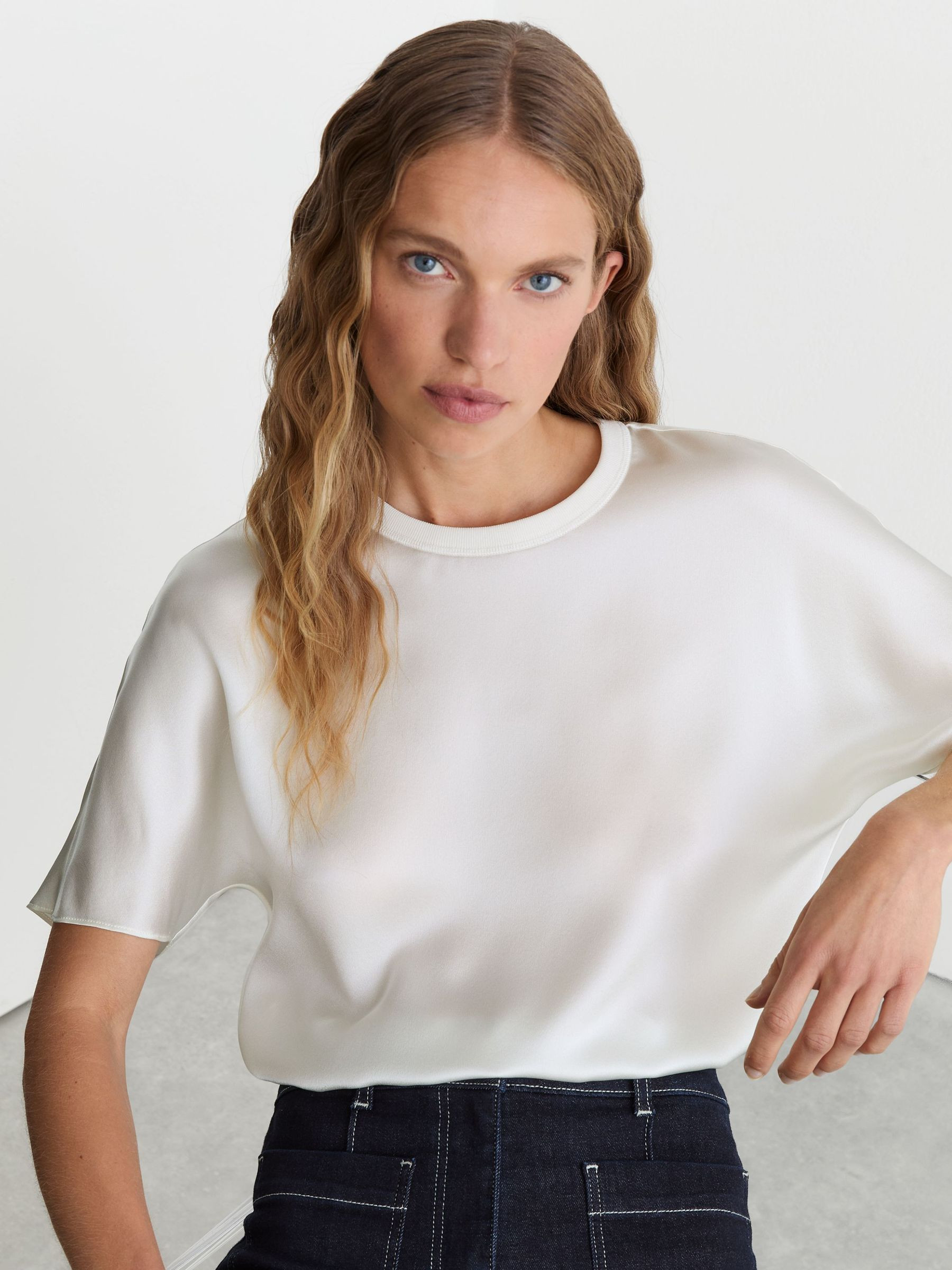 Reiss Silk Short-Sleeve Top in Ivory | REISS | Reiss US