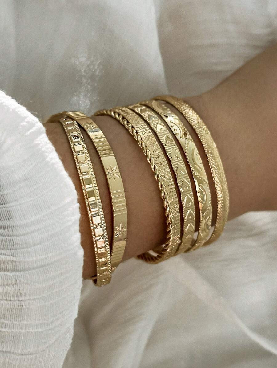 7pcs/Set European And American Style Bangle Set With Hammered, Arrow, Floral, Exaggerated Hexagra... | SHEIN