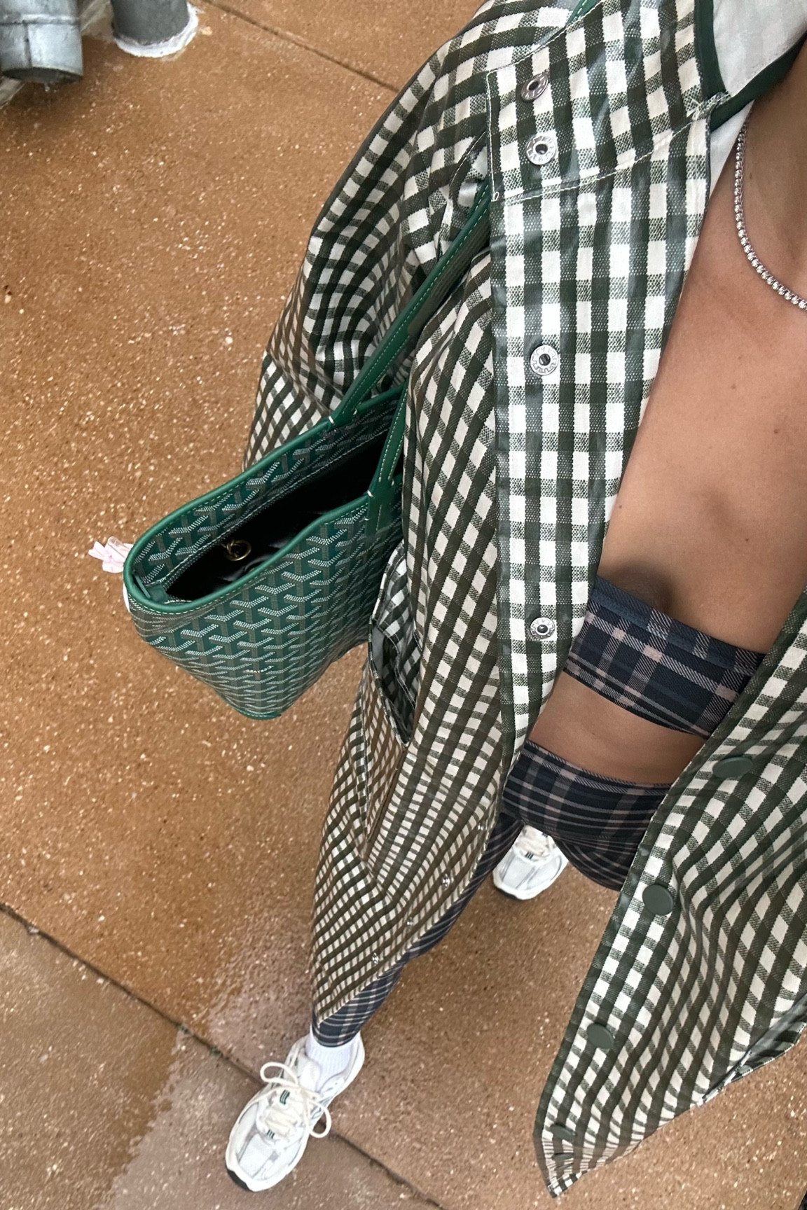 Plaid on plaid for the holidays!

Raincoat size xs 
Leggings size small
Sports bra size small 
Shoes sized down 1/2 size