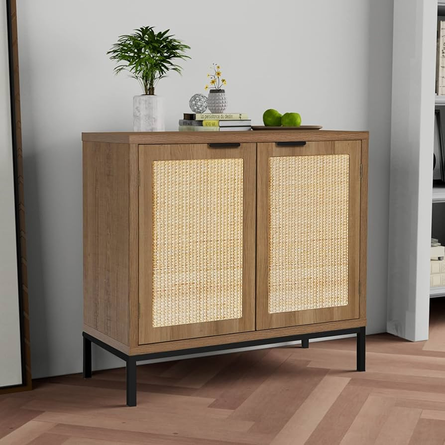 Anmytek Rustic Oak Accent Storage Cabinet with 2 Rattan Doors, Mid Century Natural Wood Sideboard... | Amazon (US)