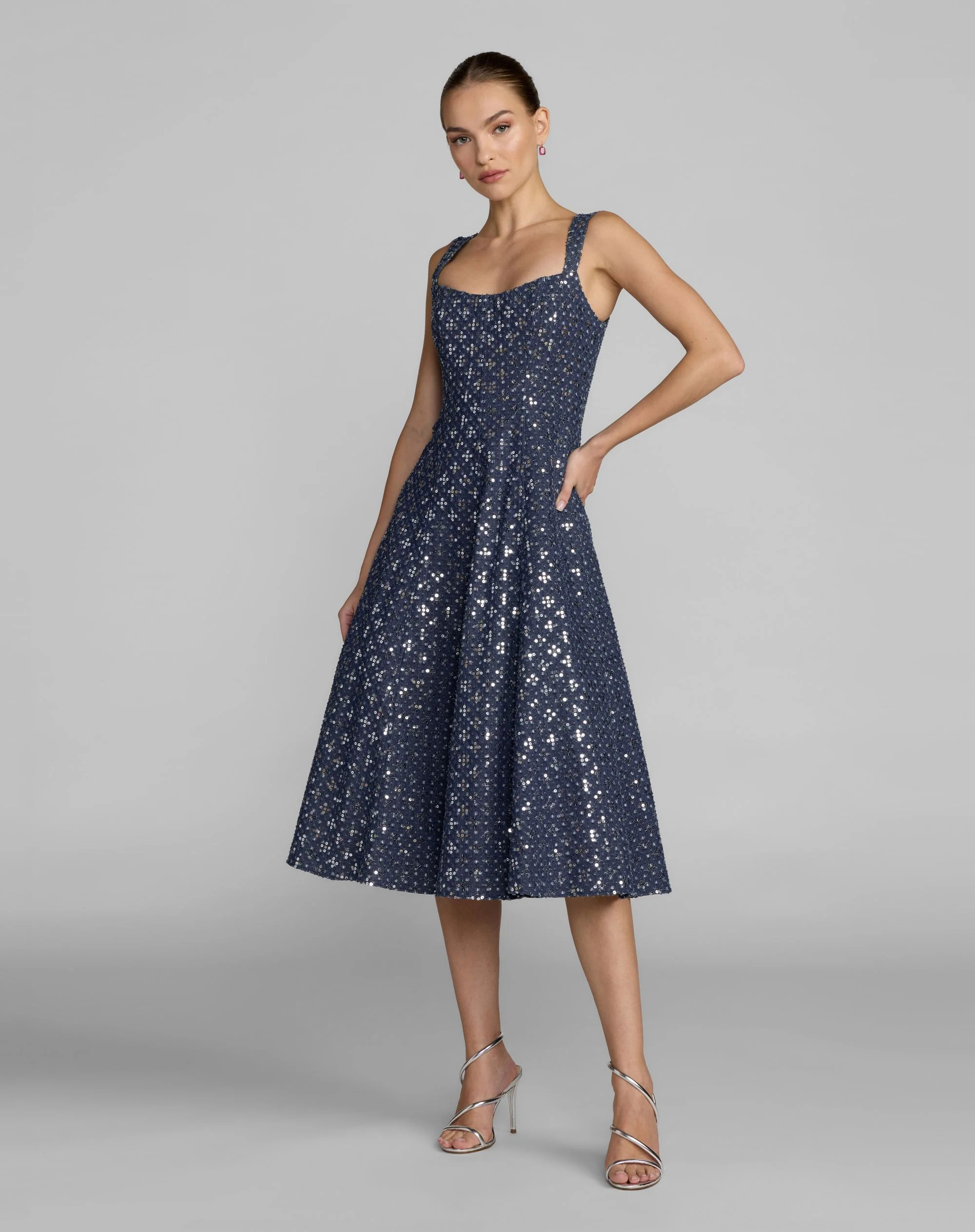 Blue Sleeveless Sequin Denim Midi Dress | Mac Duggal
