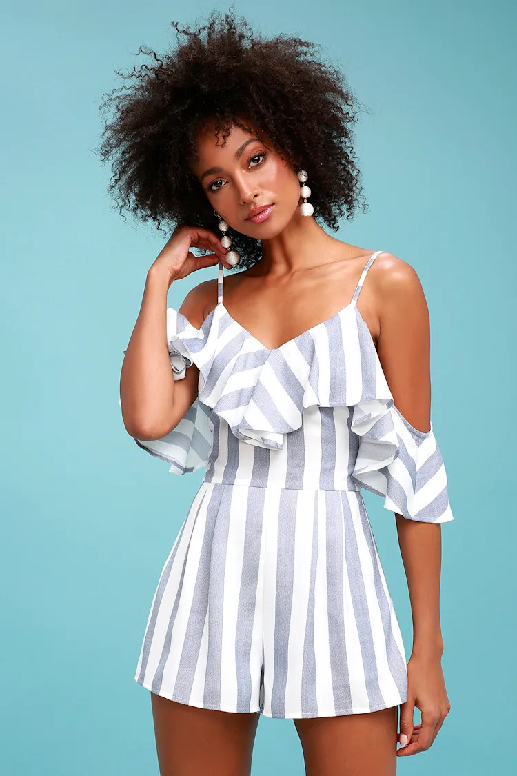 Beach House Blue and White Striped Off-the-Shoulder Romper | Lulus (US)
