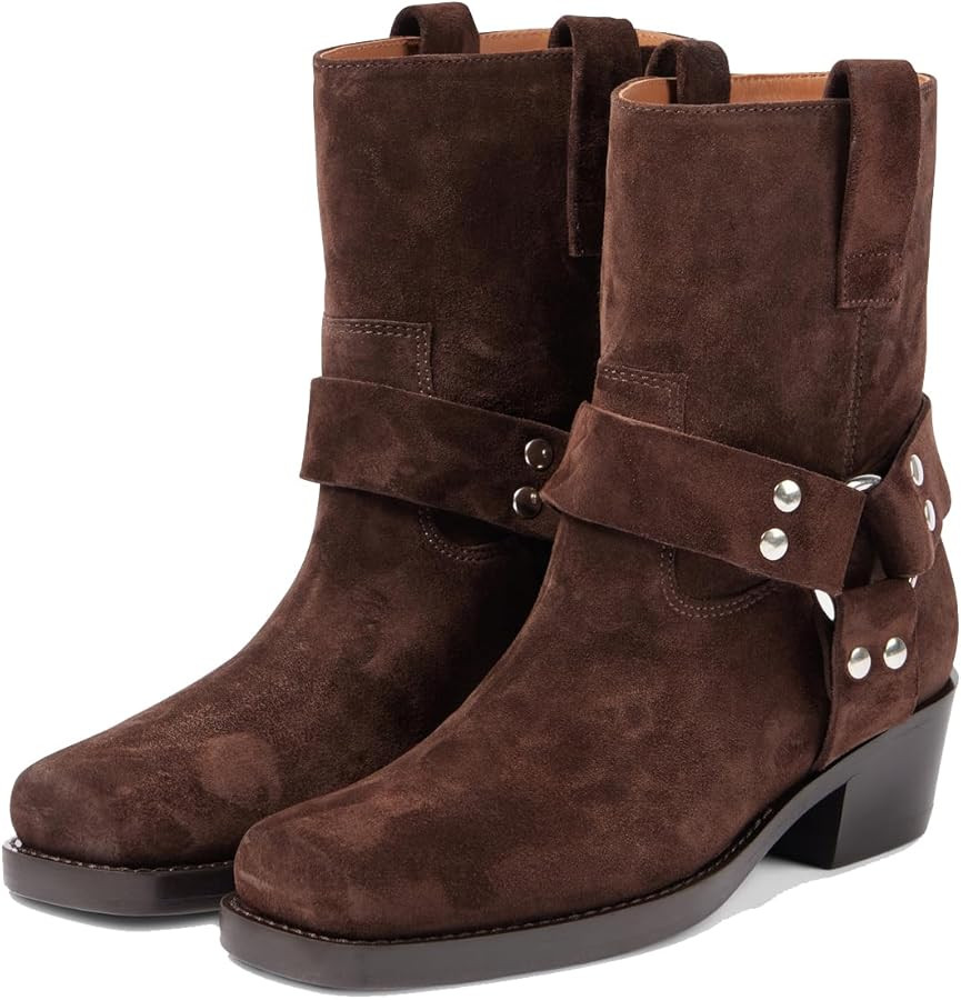 Arqa Suede Biker Boots for Women Square Toe Chunky Heel Studded Riding Ankle Boot Buckled Strap M... | Amazon (US)