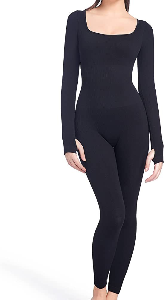 Soo slick Women Jumpsuit Square Neck Long Sleeve Ribbed Shapewear Clothing Tummy Control Workout ... | Amazon (US)