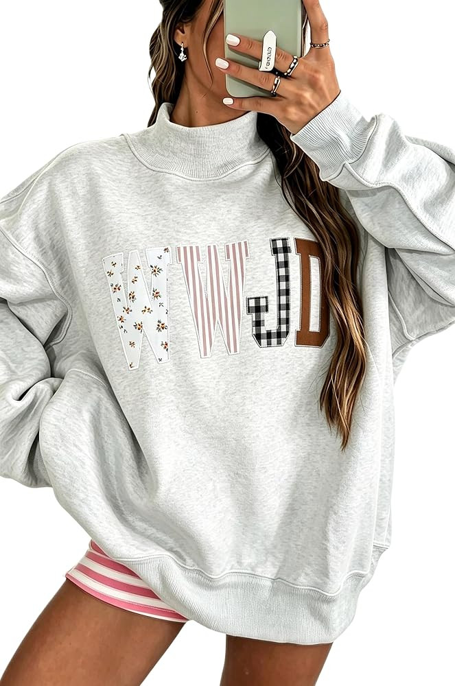 Womens Jesus Christian Slogan Embroidered Mock Sweatshirt Exposed Seam | Amazon (US)