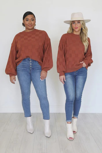 Without A Care Rust Checkered Crew Neck Sweater | Pink Lily