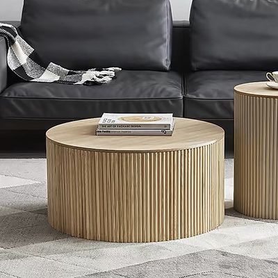 28" Modern Round Wood Coffee Table with Storage in Natural | Homary.com