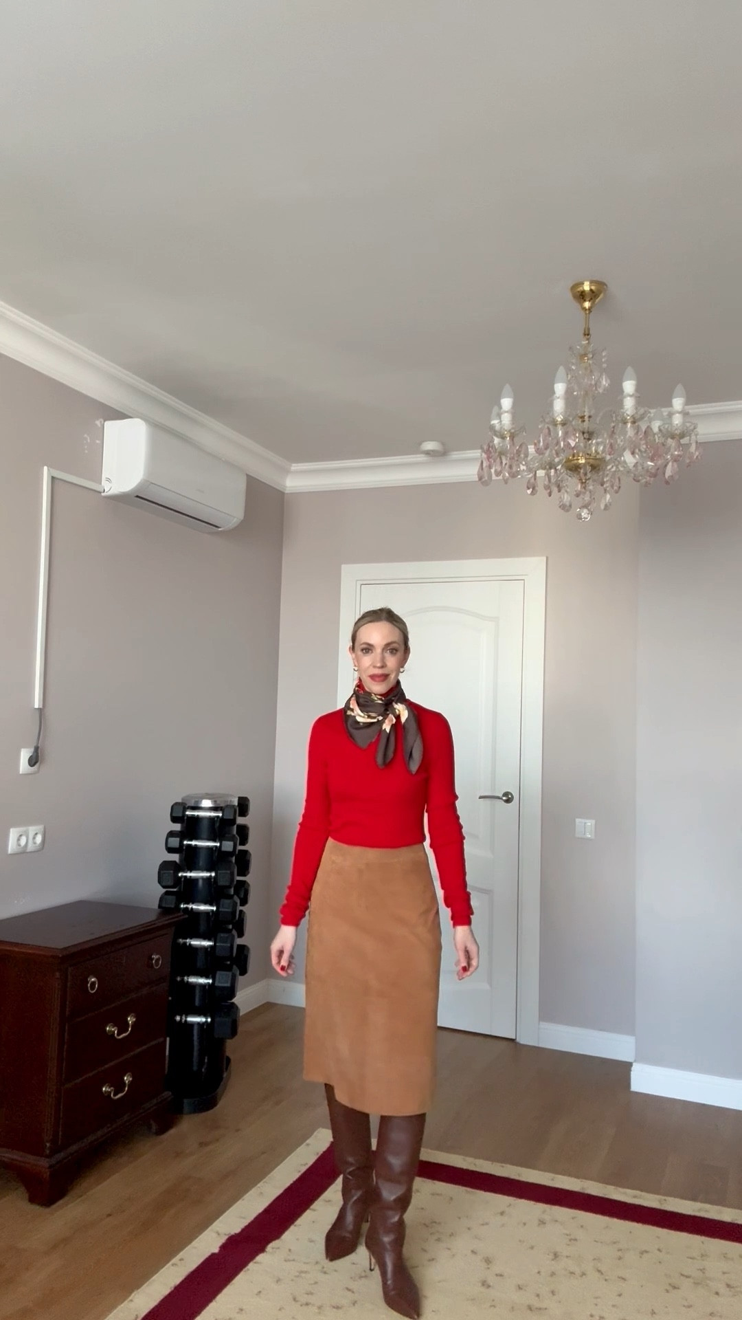 Valentine workwear, red sweater, silk scarf, suede skirt, chocolate brown kitten heel boots, office look, style over 40

#LTKValentine #LTKOver40 #LTKWorkwear