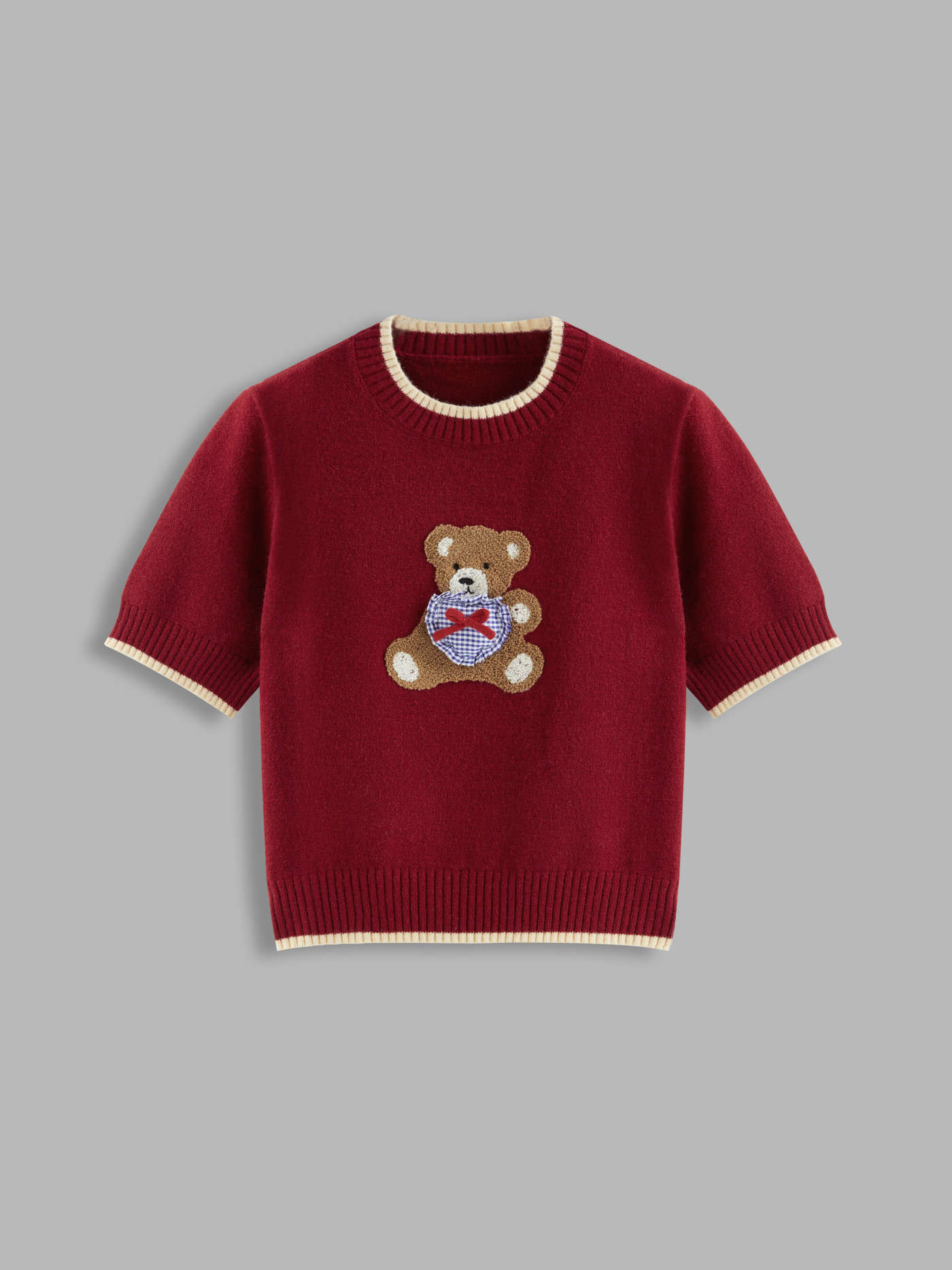 Knit Fabric Knit Round Neckline Bear Contrasting Binding Short Sleeve Top For School | Cider