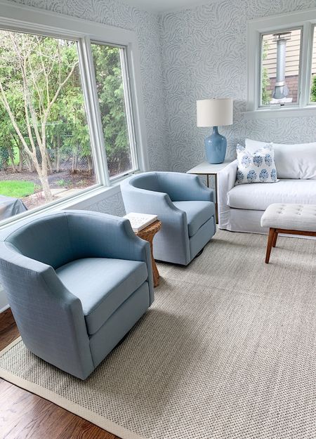 Light blue swivel chairs, coastal living room, affordable furniture, home decor, neutral rug, rattan furniture 

#LTKhome #LTKunder100