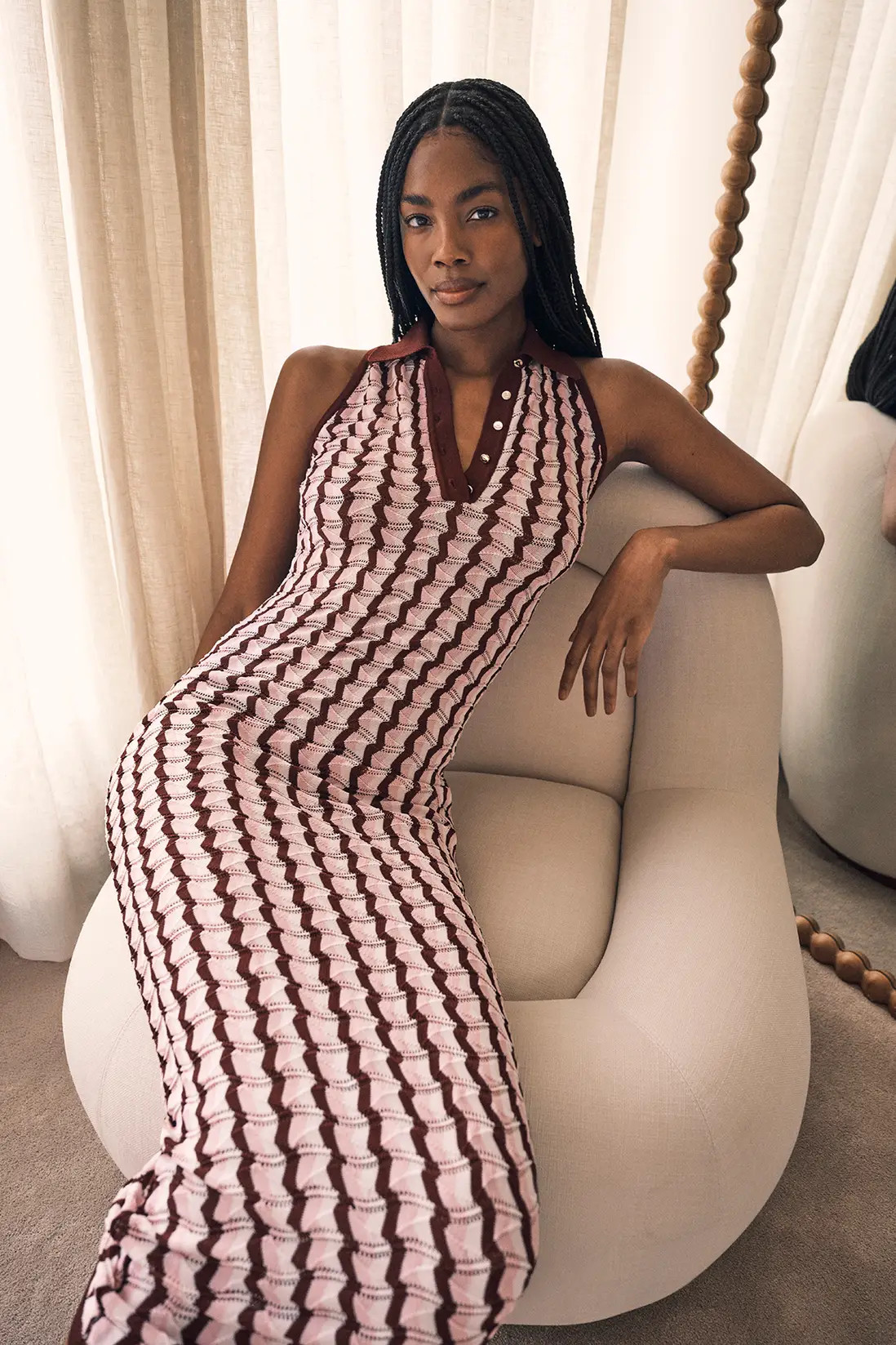 Knit Contrast Collar Pointelle Sleeveless Midi Dress | Karen Millen