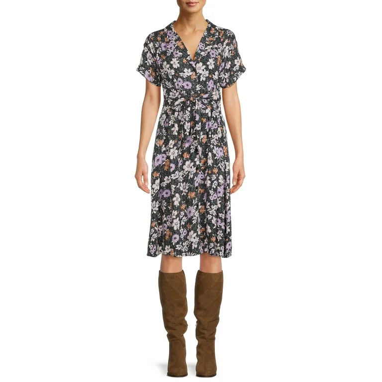 Time and Tru Women's Short Sleeve Woven Shirt Dress with Tie Front | Walmart (US)
