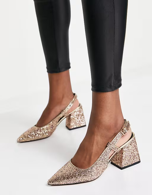 ASOS DESIGN Sydney slingback mid heels in glitter | ASOS (Global)