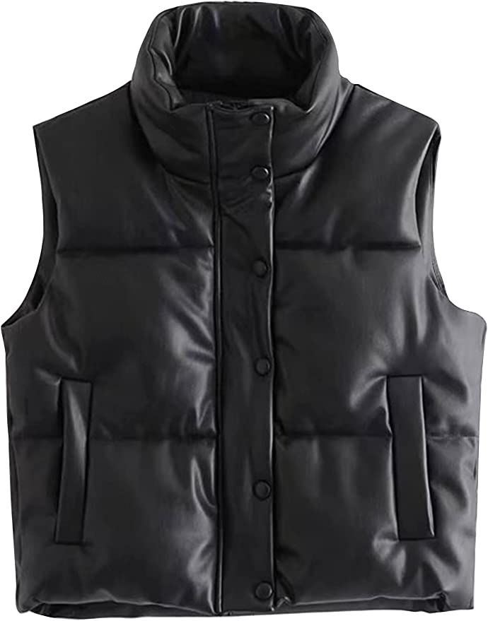 Wyeysyt Women's Faux Leather Puffer Vest Sleeveless PU Leather Padded Vest Winter Warm Stand Coll... | Amazon (US)