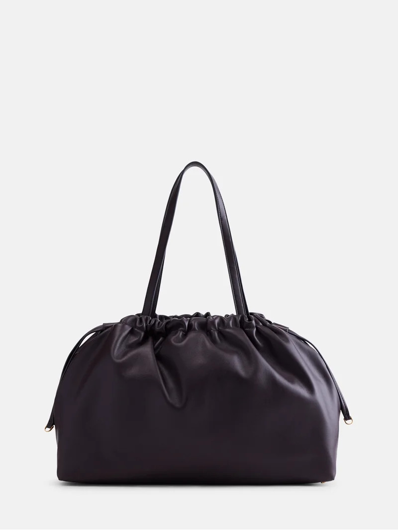 Scoop Women's Faux Leather Oversized Drawstring Pouch Tote Bag, Dark Brown | Walmart (US)