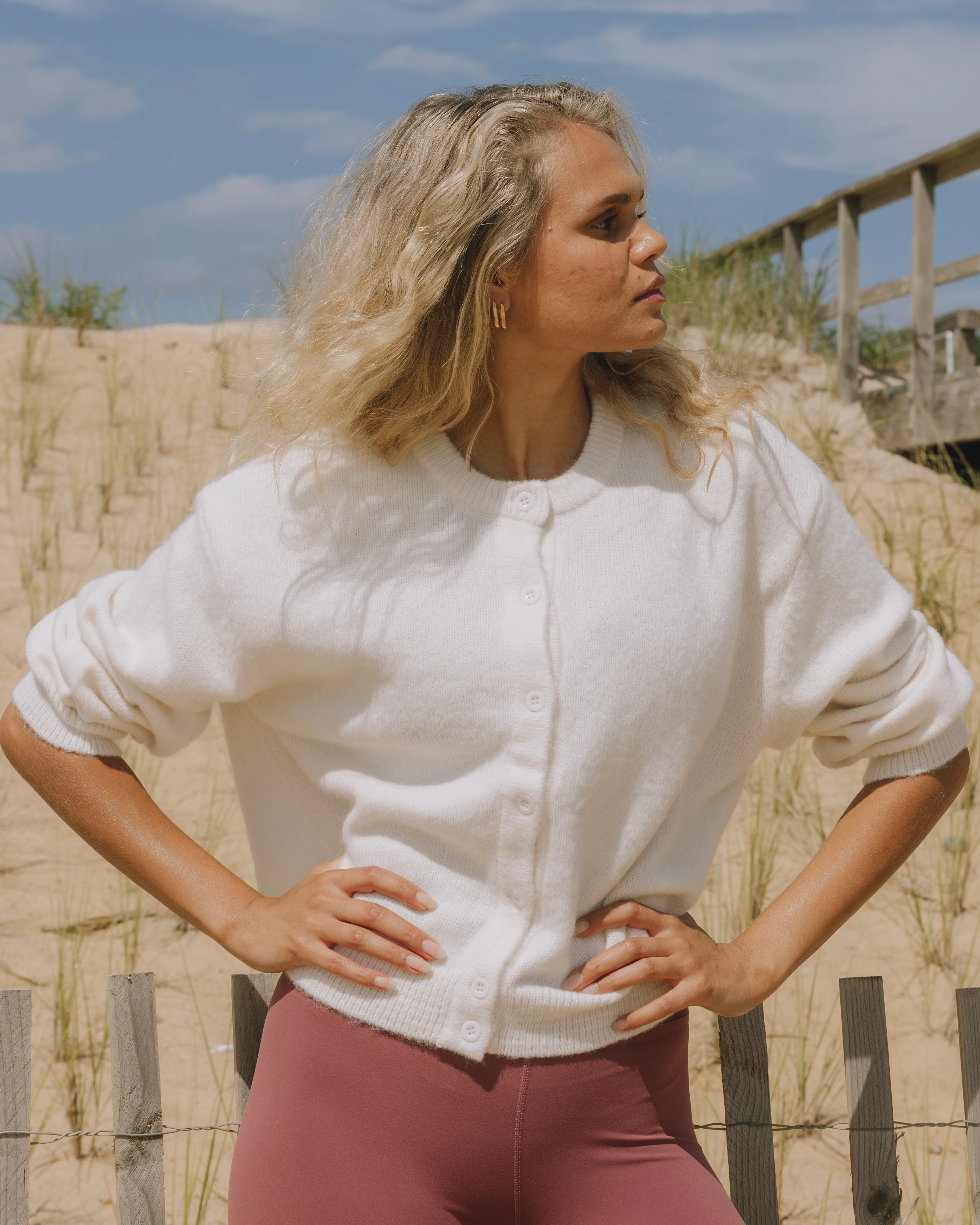 Button Up Sweater - White | Daily Drills