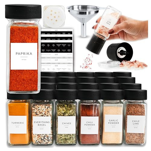 SAVVY & SORTED Glass Spice Jars with Label 24 PK - 4 Oz Spice Containers with 374 Minimalist Labels Stickers, Pepper Grinder Funnel Shaker Lids, Empty Square Seasoning Rack Organizer | Amazon (US)